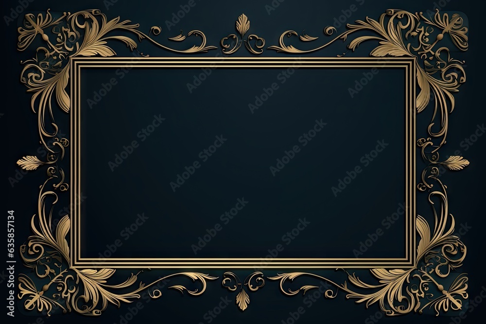 Gold frame pattern on black background. Luxury scrolls and swirls. Vintage golden design element