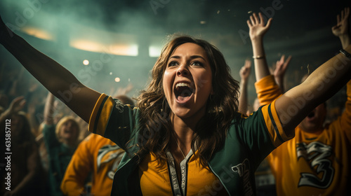 An image of a female fan joining a victory dance in the stands, her energy and elation matching her team's triumph, hockey fan, victory Generative AI