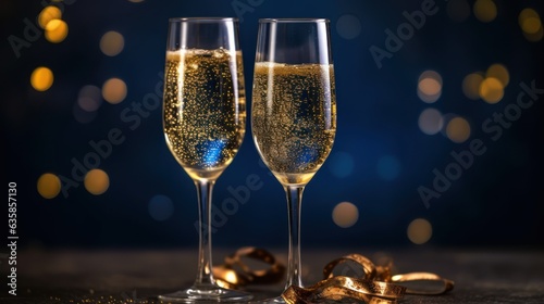 champagne glasses with blue bokeh light background 