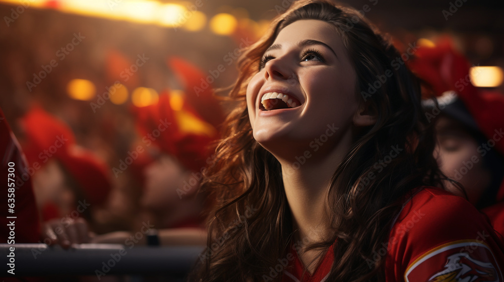 A close-up of a female fan's face aglow with the radiant happiness of her team's victory, her excitement palpable, hockey fan, victory Generative AI