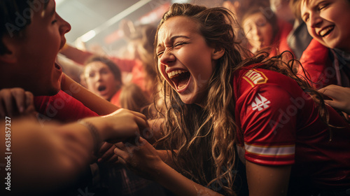 An image capturing the tearful emotion of a female fan overcome with joy as her beloved team secures a significant victory, hockey fan, victory Generative AI