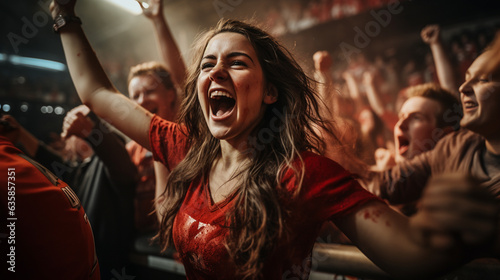 A dynamic shot of a female fan fist-pumping the air with an ecstatic expression, reveling in her team's well-deserved win, hockey fan, victory Generative AI
