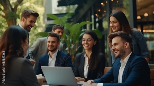 From below of group of smiling colleagues in formal suits looking at screen using laptop while working together and preparing for business conference