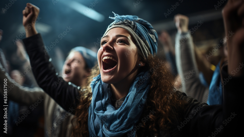Obraz premium A portrait of a female fan holding a scarf over her head and chanting in celebration of her team's remarkable victory, Football fan, victory Generative AI