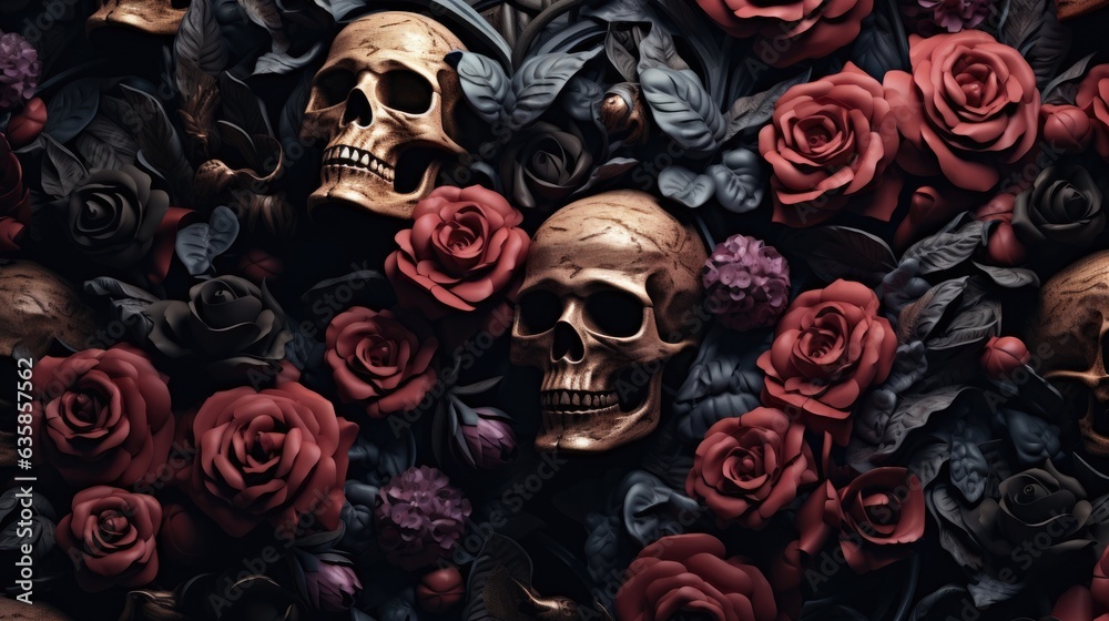 Florals Rise from the Abyss in 3 Dimensional Splendor - Skull Foundations in a Hyperrealistic Journey of Gothcore and Floralpunk Styles - Skulls Flowers Wallpaper created with Generative AI Technology