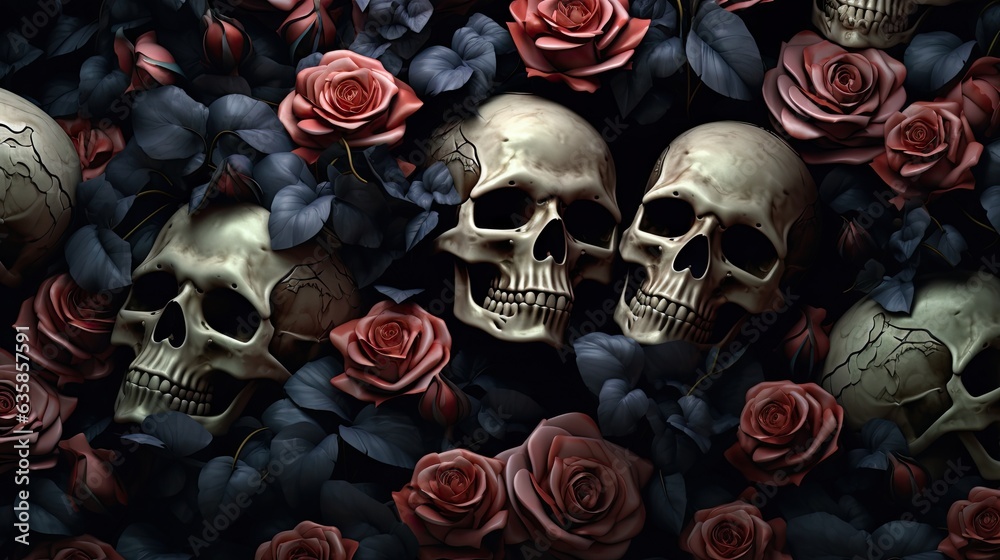 Florals Rise from the Abyss in 3 Dimensional Splendor - Skull Foundations in a Hyperrealistic Journey of Gothcore and Floralpunk Styles - Skulls Flowers Wallpaper created with Generative AI Technology