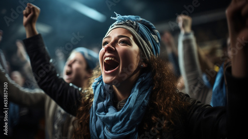 A portrait of a female fan holding a scarf over her head and chanting in celebration of her team's remarkable victory, Football fan, victory Generative AI