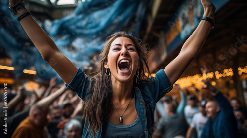 An image of a female fan jumping and celebrating with a group of fellow fans, capturing the elation of shared victory, Football fan, victory Generative AI