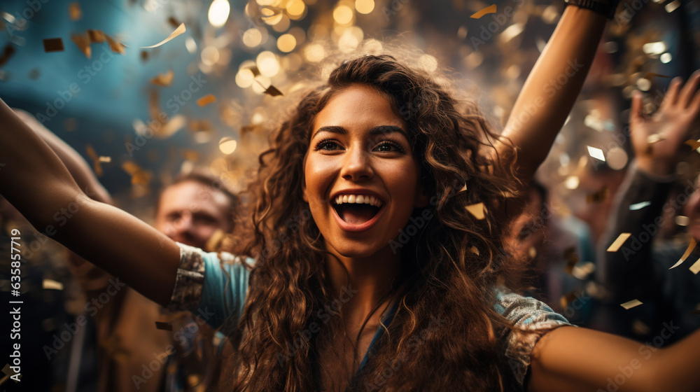 Fototapeta premium An image of a female fan surrounded by confetti and celebrating with her fellow supporters, reveling in the moment of victory, Football fan, victory Generative AI
