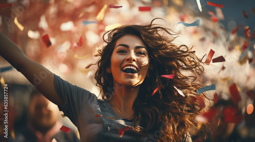 An image of a female fan surrounded by confetti and celebrating with her fellow supporters, reveling in the moment of victory, Football fan, victory Generative AI