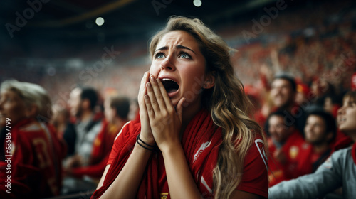 An image of a female fan shedding tears of joy, overwhelmed with emotion as her favorite team secures a well-deserved victory, Football fan, victory Generative AI © Denis Yevtekhov