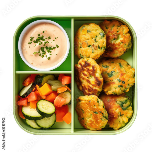 Mini veggie fritters in a lunchbox top view isolated on transparent background. Generative AI