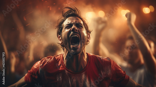 A footballer raising their jersey over their head while running towards the roaring crowd, their face lit up with euphoria, Football, victory Generative AI