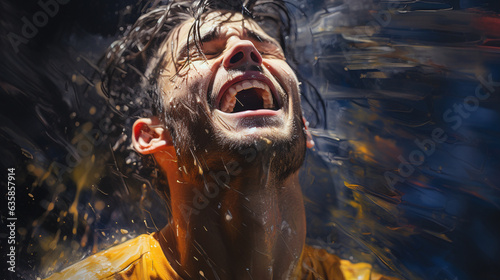 A close-up of a player's face drenched in sweat, eyes closed in sheer delight, relishing the taste of victory, Football, victory Generative AI
