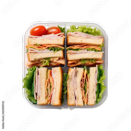 Mini turkey sandwiches in a lunchbox top view isolated on transparent background. Generative AI © Olezhan