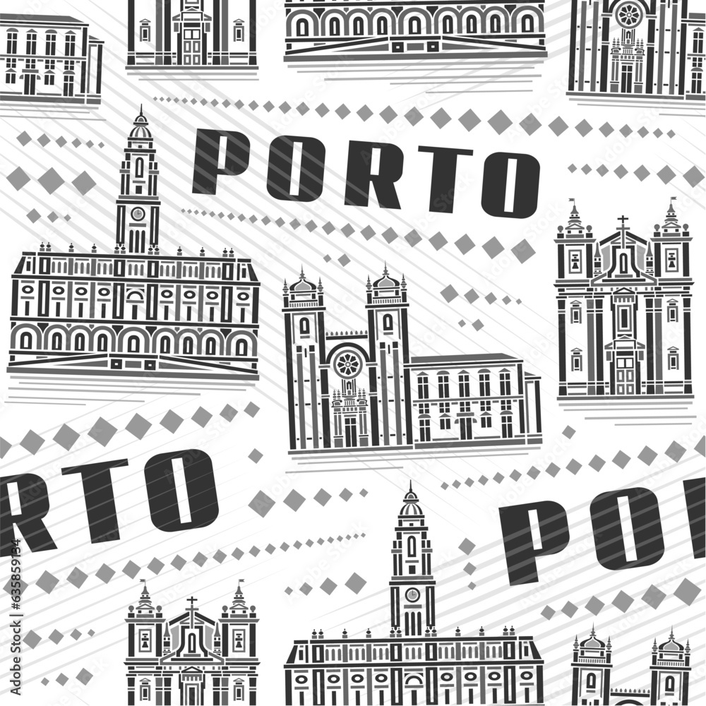 Vector Porto Seamless Pattern, square repeating background with illustration of famous european porto downtown city scape on white background, monochrome line art urban poster with black text porto
