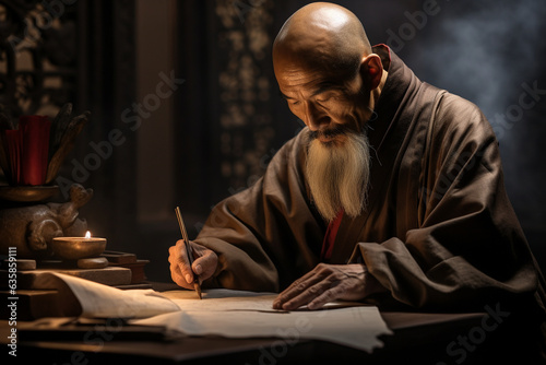 Old Chinese monk practicing calligraphy, brush in hand, old Chinese monk Generative AI