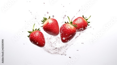 strawberry falling into water splash on white background 