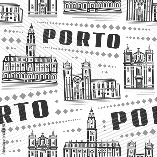 Vector Porto Seamless Pattern  square repeating background with illustration of famous european porto downtown city scape on white background  monochrome line art urban poster with black text porto
