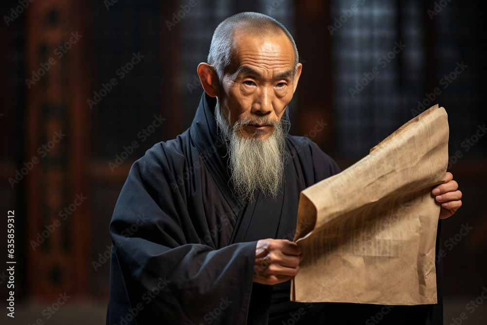 Old Chinese monk in traditional robes, holding an ancient scroll, old Chinese monk  