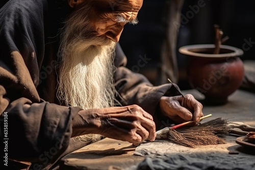 Aged hands of an old Chinese monk crafting intricate artwork, old Chinese monk   © Катерина Євтехова