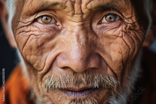 Close-up of an old Chinese monk's eyes, radiating deep wisdom and serenity, old Chinese monk 