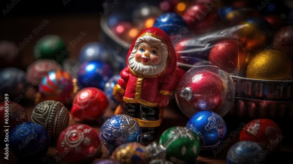 Santa Claus and colorful Christmas ornaments on wooden background. Selective focus.