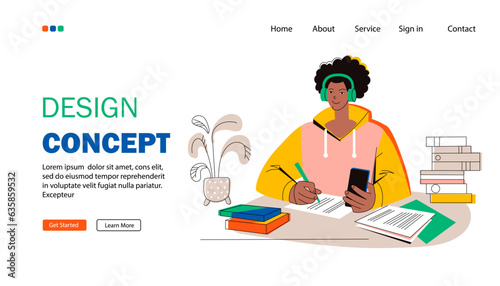 Landing page template. Dark-skinned girl is a student or schoolgirl. Performs homework using headphones, books and phone. Distance learning, video course. Education concept. Flat vector isolated.