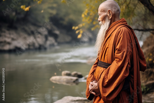 Old Chinese monk standing by a riverbank, observing the gentle flow of water, old Chinese monk Generative AI