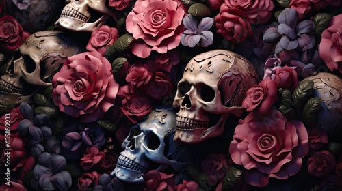 Florals Rise from the Abyss in 3 Dimensional Splendor - Skull Foundations in a Hyperrealistic Journey of Gothcore and Floralpunk Styles - Skulls Flowers Wallpaper created with Generative AI Technology