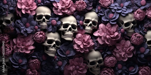 Florals Rise from the Abyss in 3 Dimensional Splendor - Skull Foundations in a Hyperrealistic Journey of Gothcore and Floralpunk Styles - Skulls Flowers Wallpaper created with Generative AI Technology © Sentoriak