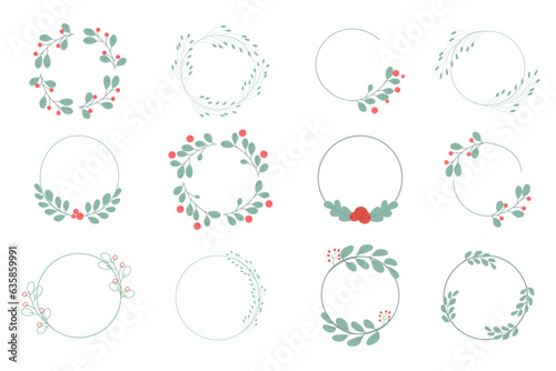 Set of wreaths in green color with berries