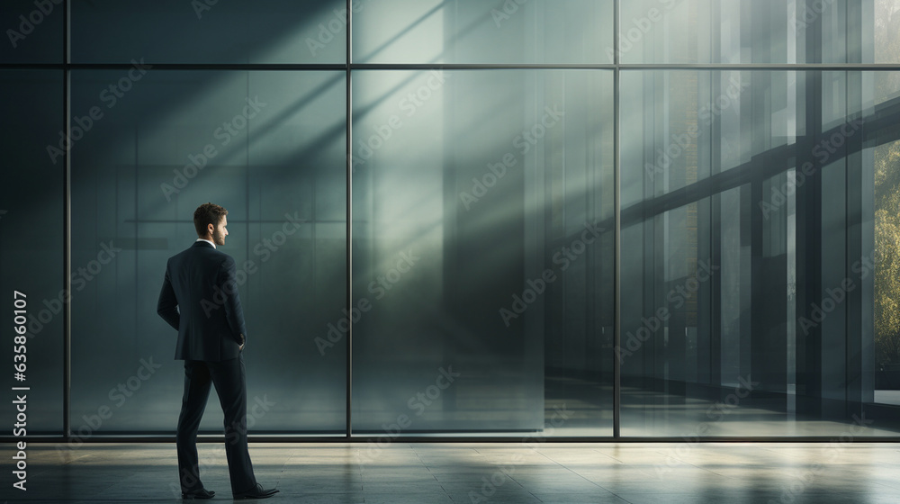 An image of a businessman standing elegantly by a glass-paneled wall, exuding professionalism and sophistication, wide banner with copy space area Generative AI An image of a businessman standing elegantly by a glass-paneled wall, exuding professionalism and sophistication, wide banner with copy space area Generative AI