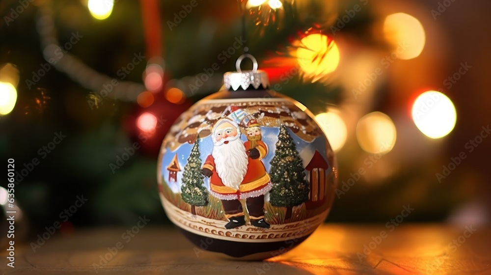 Christmas bauble with santa claus and christmas tree in the background