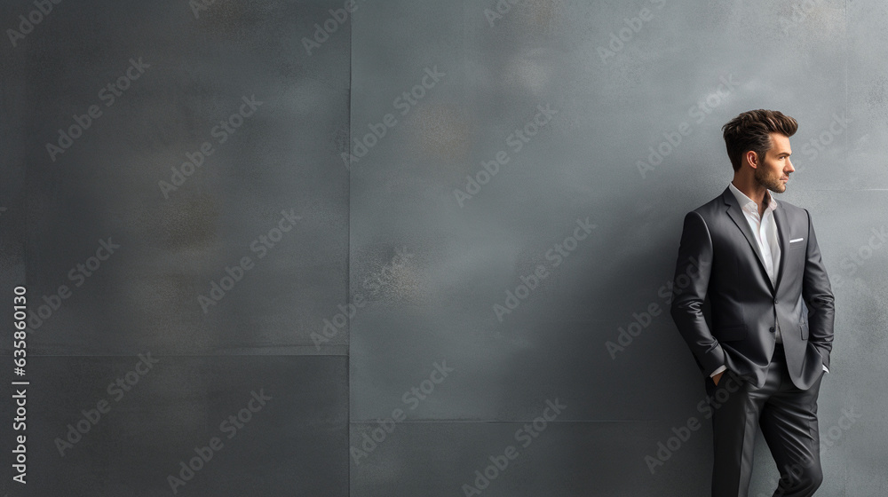 A well-dressed man in a business suit leaning confidently against a modern concrete wall, contemplating future plans, wide banner with copy space area Generative AI A well-dressed man in a business suit leaning confidently against a modern concrete wall, contemplating future plans, wide banner with copy space area Generative AI