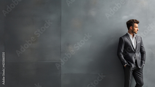 A well-dressed man in a business suit leaning confidently against a modern concrete wall, contemplating future plans, wide banner with copy space area Generative AI