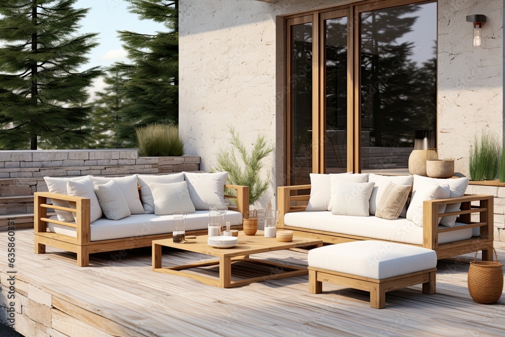 Contemporary outdoor lounge area in backyard with a wooden terrace, cozy seating including a comfortable sofa, armchair, and wicker ottoman. Comfortable space on patio or balcony for relaxation - obrazy, fototapety, plakaty 