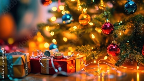 Christmas tree and gifts on bokeh background. New Year.
