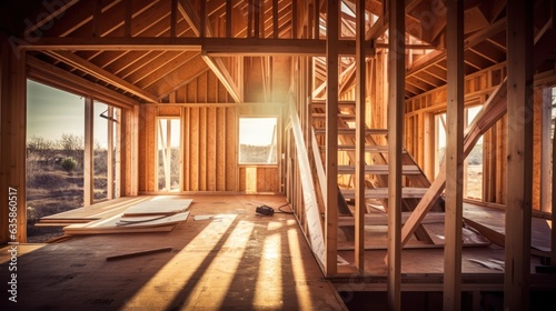 Interior view of wooden house structure 