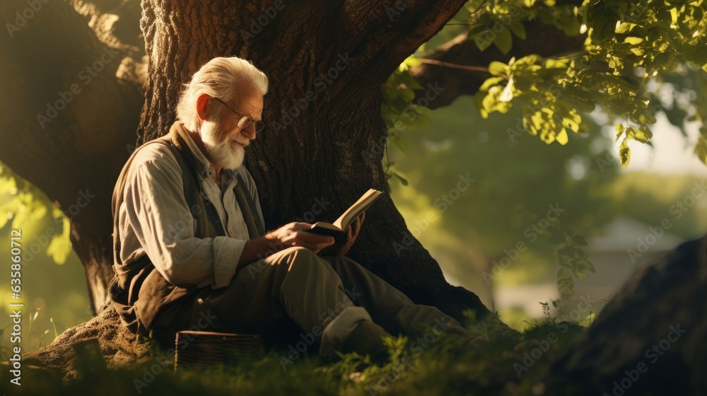 An elderly man reading a book under a tree.