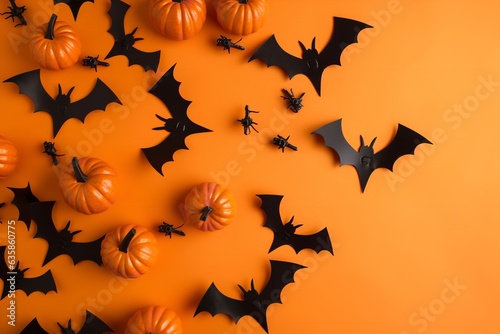halloween wallpaper background with pumpkins and bats and space for text