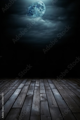 halloween dark night scene with full moon and wood stage for product placement mockup