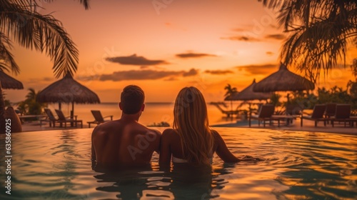 couple relaxing on the beautiful pool resort with sunset