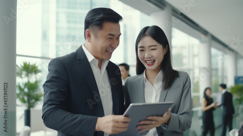 Dynamic scene depicting two joyful professional business people, a dynamic duo comprising an Asian woman and a Latin man, both immersed in their work. Standing in a corporate office meeting