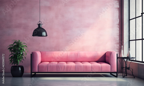gemütliches pinkfarbenes Sofa vor rosa Wand im modernen Loft photo
