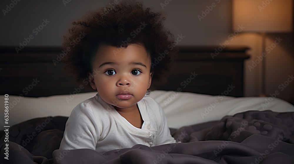 Cute little African American infant sitting on bed Cute little African American infant sitting on bed