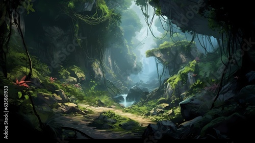 The River Bank with Flowers and Trees.Deep Forest. Video Game's Digital CG Artwork, Concept Illustration, Realistic Cartoon Style Background. Fantasy Backdrop.Generative AI. 