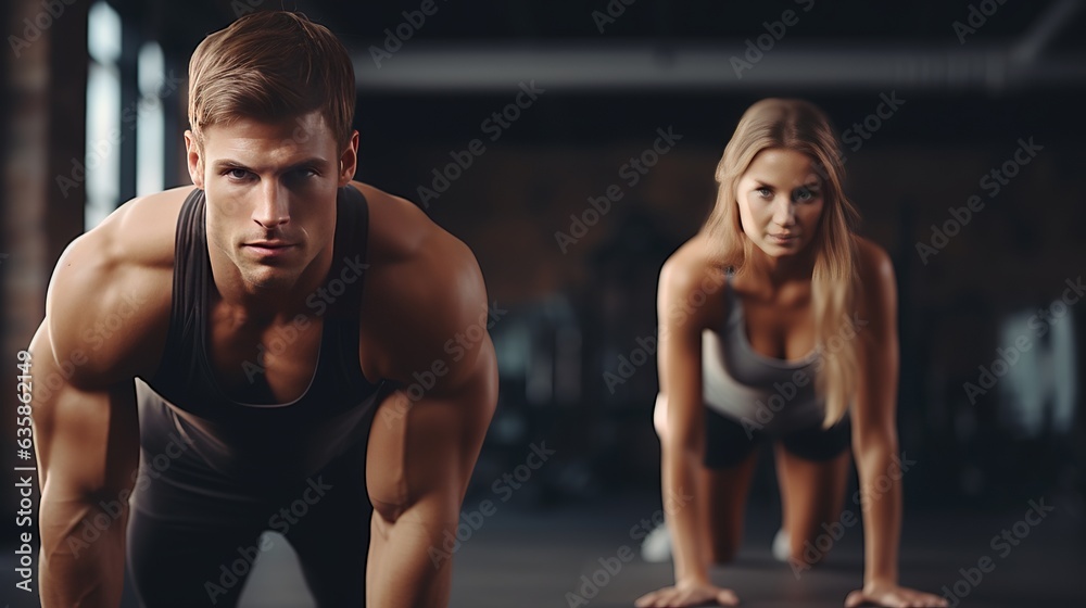 Young couple is working out at gym. Attractive woman and handsome muscular man are training in light modern gym Young couple is working out at gym. Attractive woman and handsome muscular man are training in light modern gym