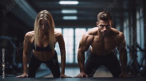 Young couple is working out at gym. Attractive woman and handsome muscular man are training in light modern gym