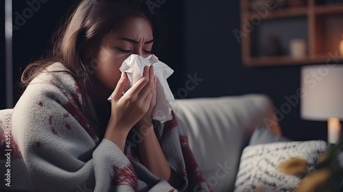 Young Sick Asian Woman Sitting under the Blanket Whiles Sneezing with Tissue on the Sofa